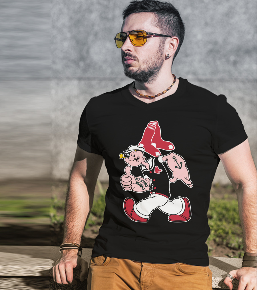 Popeye Thumbs Up Boston Red Sox Double Socks Anchor Tattoo Black T-Shirt