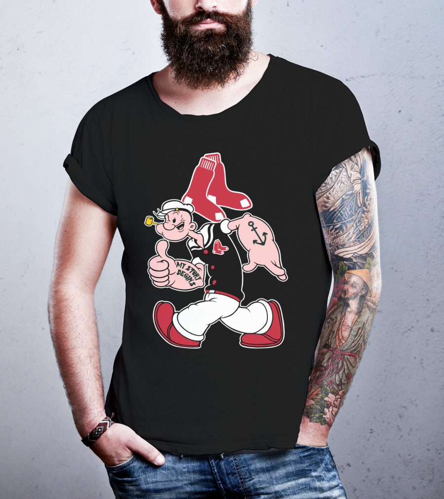 Popeye Thumbs Up Boston Red Sox Double Socks Anchor Tattoo Black T-Shirt