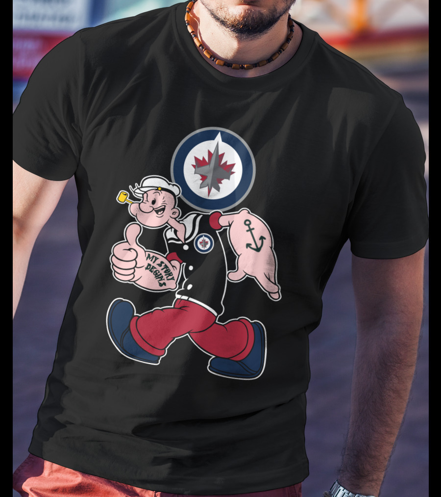 Winnipeg Jets Navy Popeye Walking With Thumbs Up And Anchor Tattoo T-Shirt