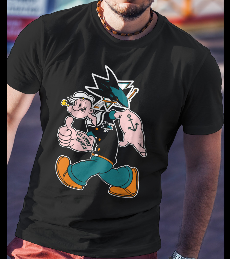 San Jose Sharks Popeye My Story Design Anchor Tattoo T-Shirt