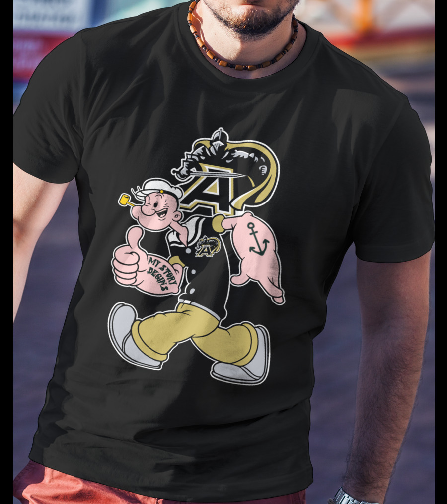 Army Black Knights My Story Begins Popeye Character With Anchor Tattoo T-Shirt