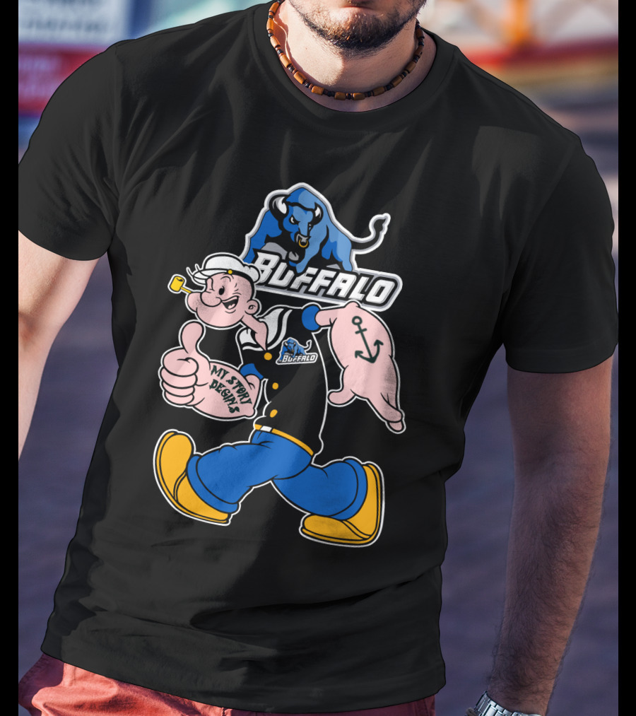 Popeye Buffalo Bulls My Story Begins Thumbs Up Anchor Navy Sailor T-Shirt