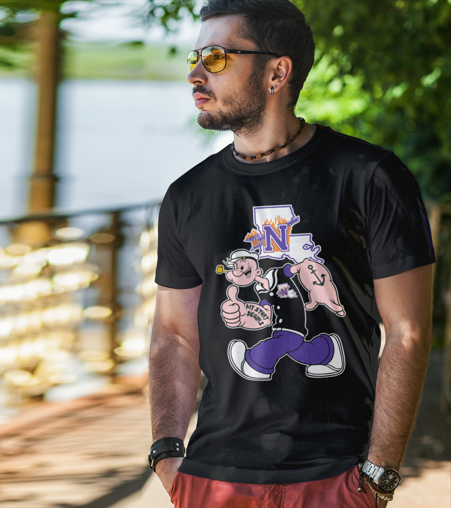 Northwestern State Demons Popeye Graphic With Louisiana State Outline T-Shirt