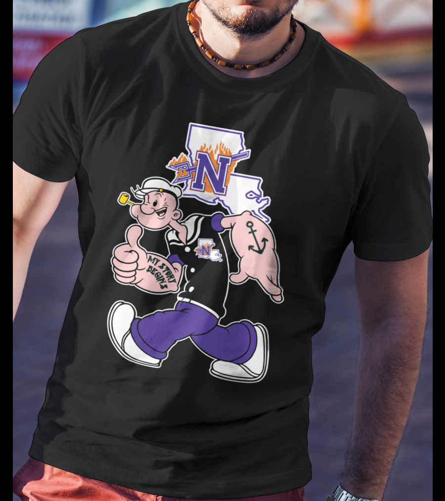 Northwestern State Demons Popeye Graphic With Louisiana State Outline T-Shirt