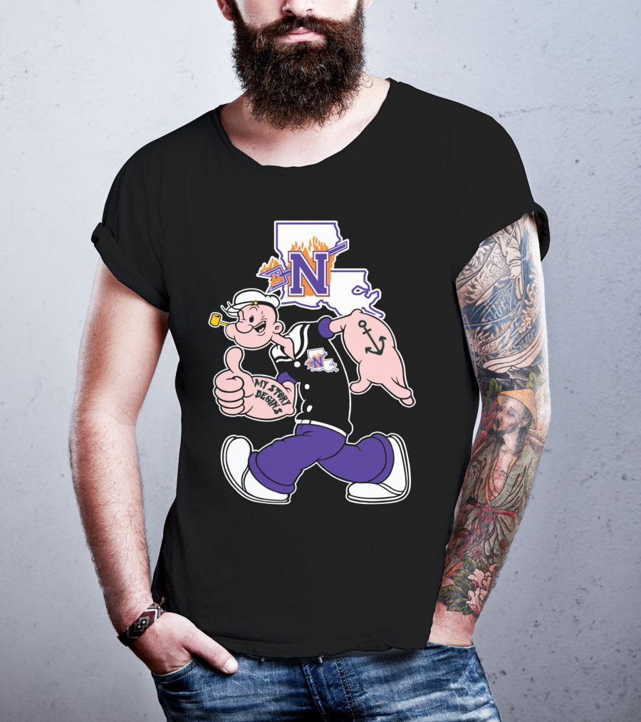 Northwestern State Demons Popeye Graphic With Louisiana State Outline T-Shirt