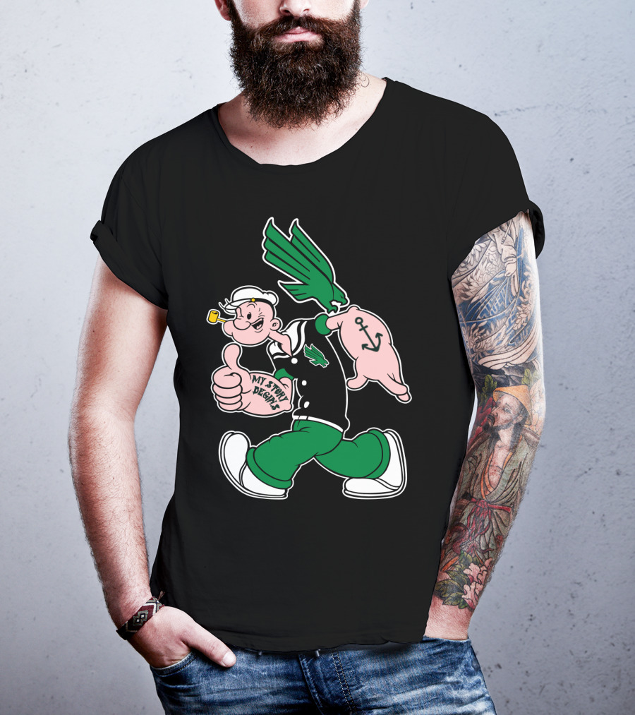 North Texas Mean Green My Story Designs Popeye Sailor Cartoon Anchor Pipe T-Shirt