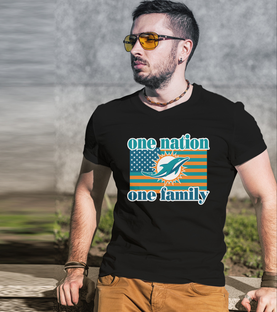 One Nation One Family Miami Dolphins American Flag Logo T-Shirt