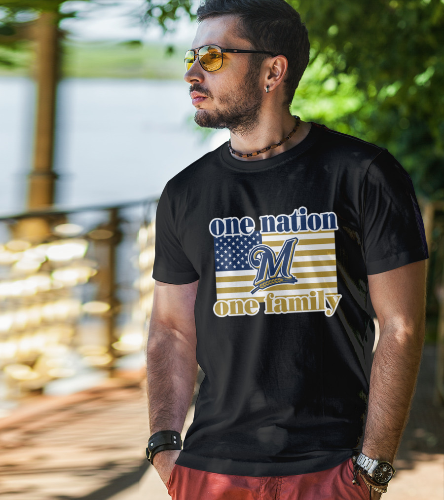 One Nation One Family Milwaukee Brewers 46 American Flag T-Shirt