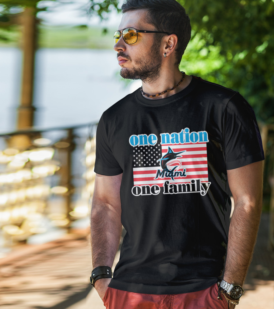 One Nation One Family Miami Marlins American Flag T-Shirt