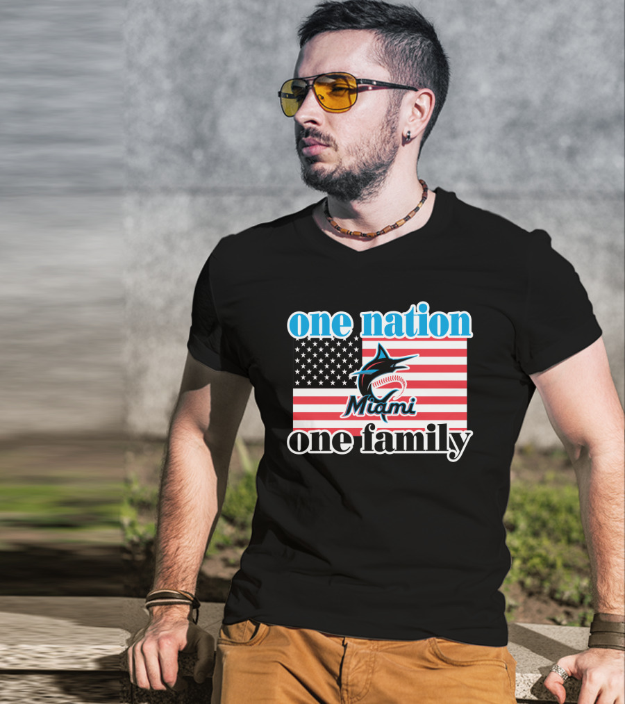 One Nation One Family Miami Marlins American Flag T-Shirt