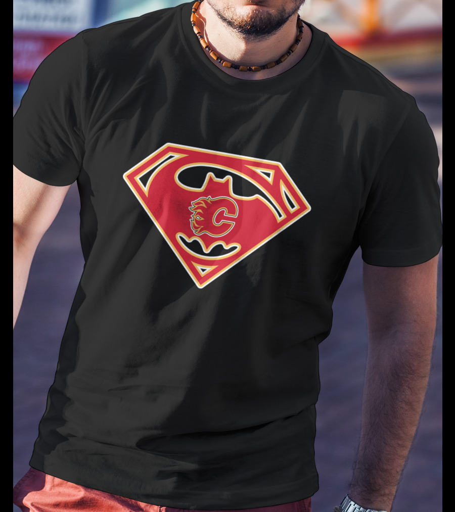 Calgary Flames Logo Combined With Superman Batman Symbol T-Shirt