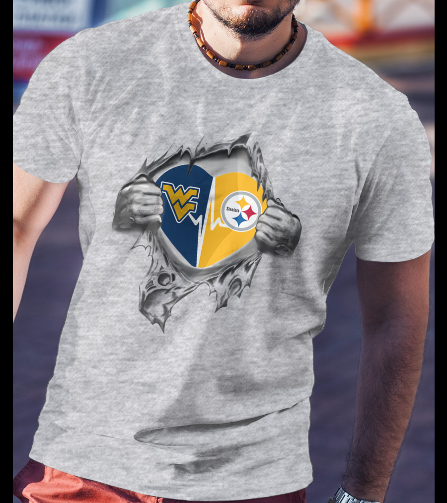 Wv Steelers Mountaineers Heart Steel Rip T-Shirt