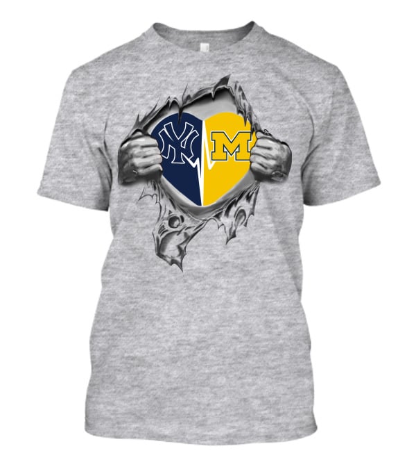 Yankees Wolverines Heart Torn Open Logos T-Shirt