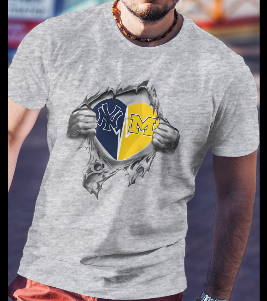 Yankees Wolverines Heart Torn Open Logos T-Shirt