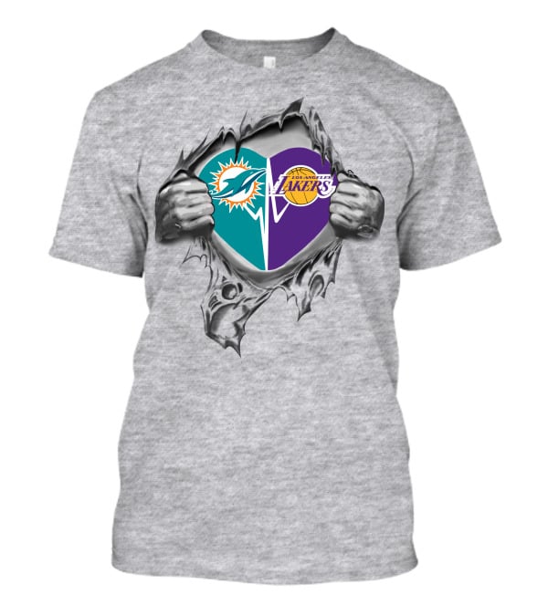 Dolphins Lakers Heart Torn Silver Hands T-Shirt