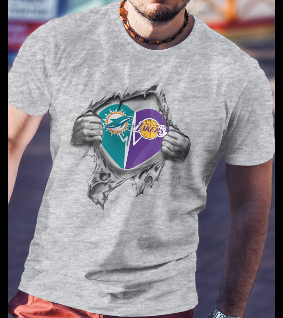 Dolphins Lakers Heart Torn Silver Hands T-Shirt