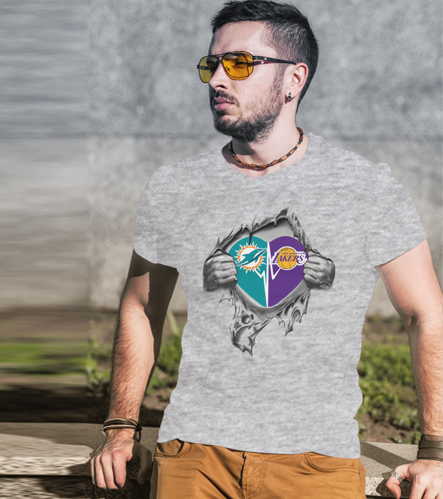 Dolphins Lakers Heart Torn Silver Hands T-Shirt