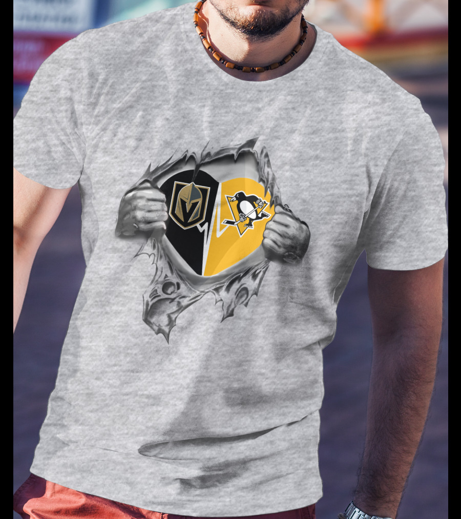 Vegas Golden Knights Pittsburgh Penguins Heartbeat Torn Fabric T-Shirt