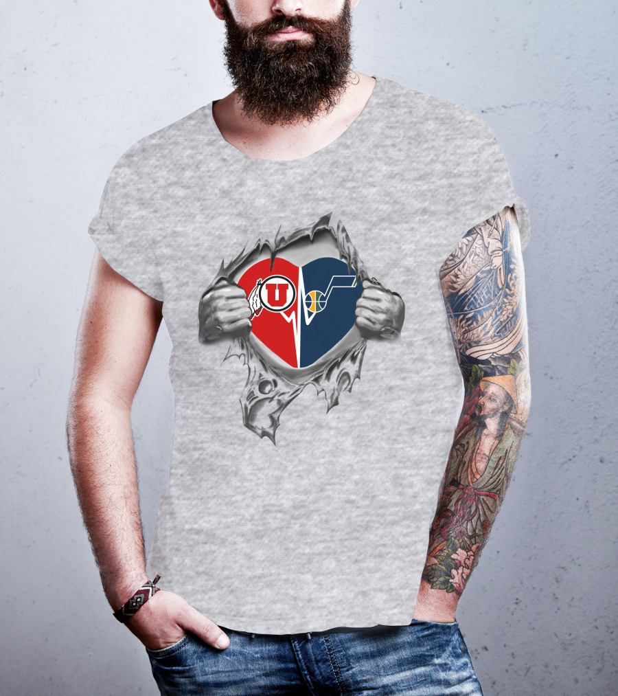 Utes Jazz Heart Ripped Open Tribal Logo Split T-Shirt