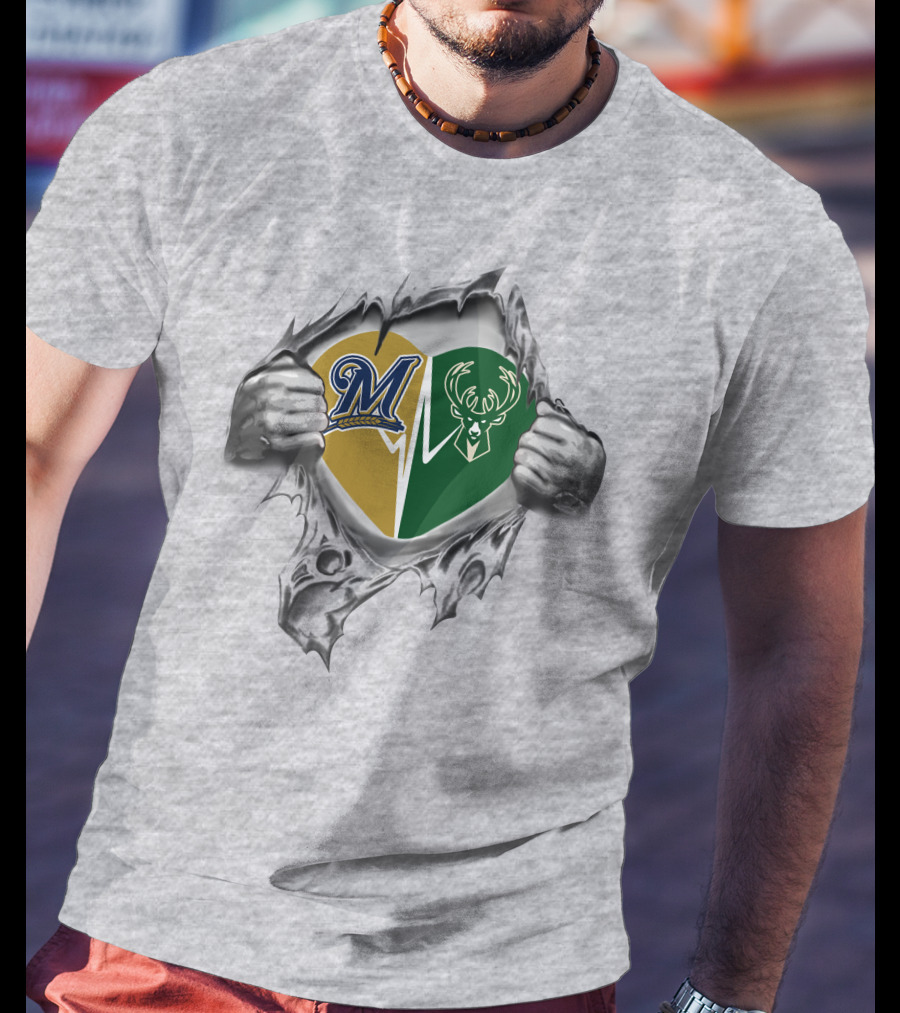 Milwaukee Brewers Bucks Heart Torn Open Hands T-Shirt