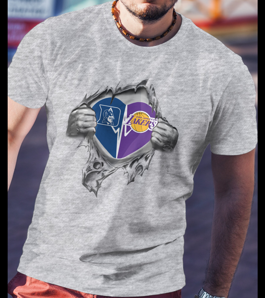 Lakers Duke Heart With Blue Devil And Los Angeles Basketball T-Shirt