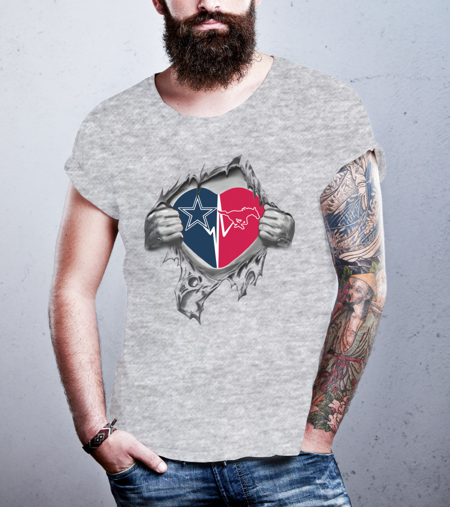 Cowboys Smu Mustangs Heart Symbol With Split T-Shirt