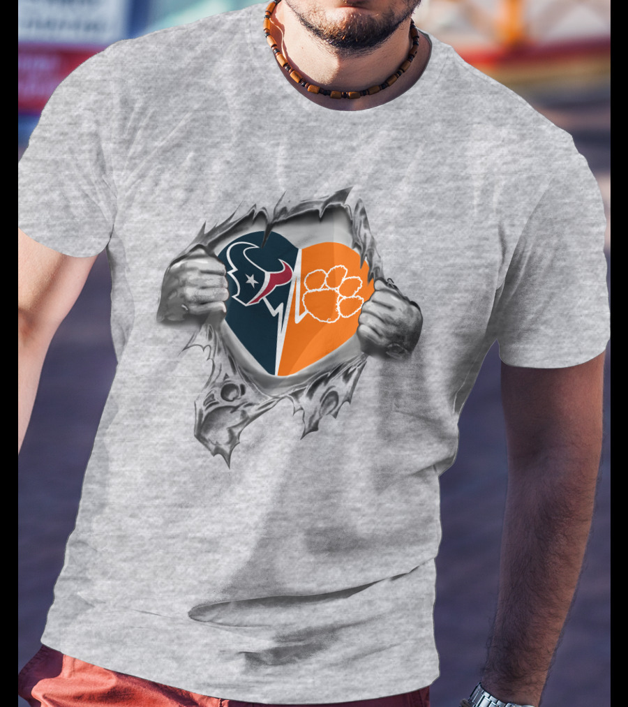Texans Clemson Heart With Logo And Paw Inside Torn Fabric T-Shirt