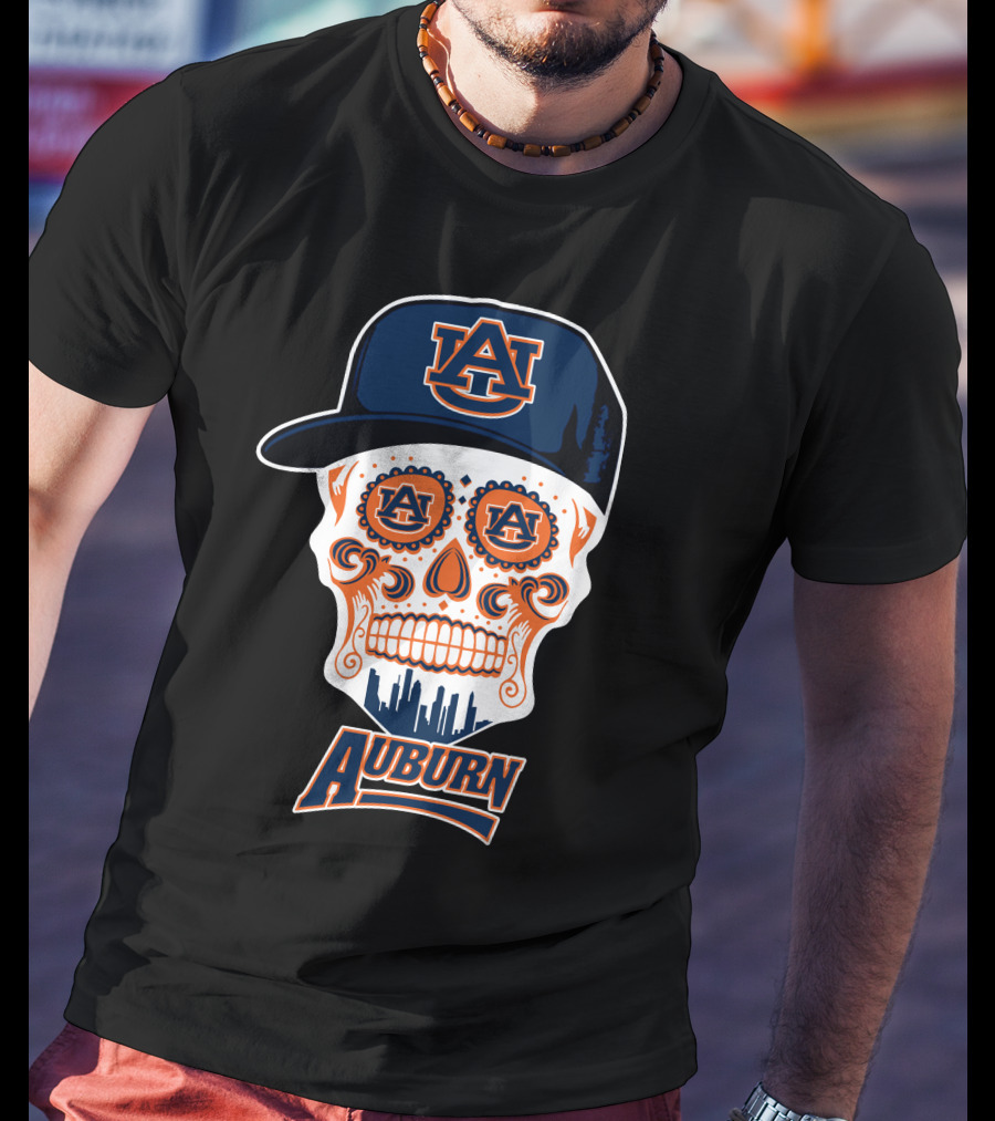 Auburn Tigers Skull Sugar Skull Design With Cap T-Shirt