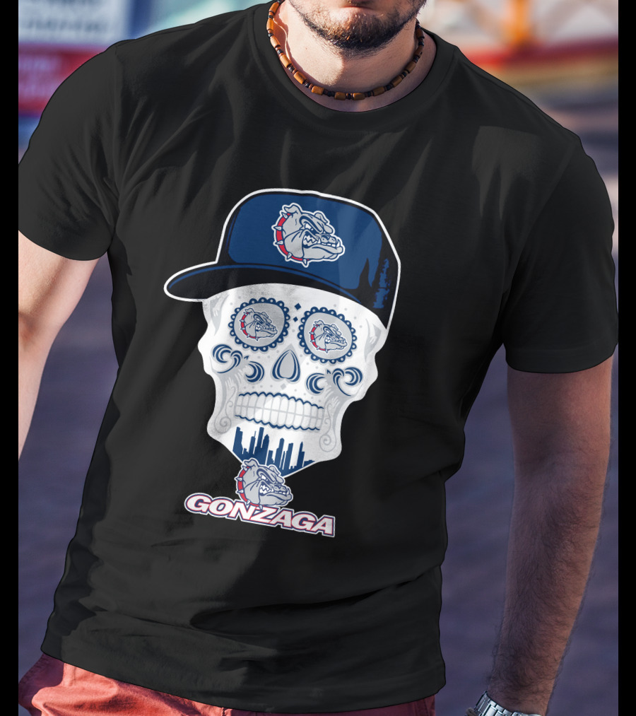 Gonzaga Bulldogs Skull With Hat And City Skyline T-Shirt
