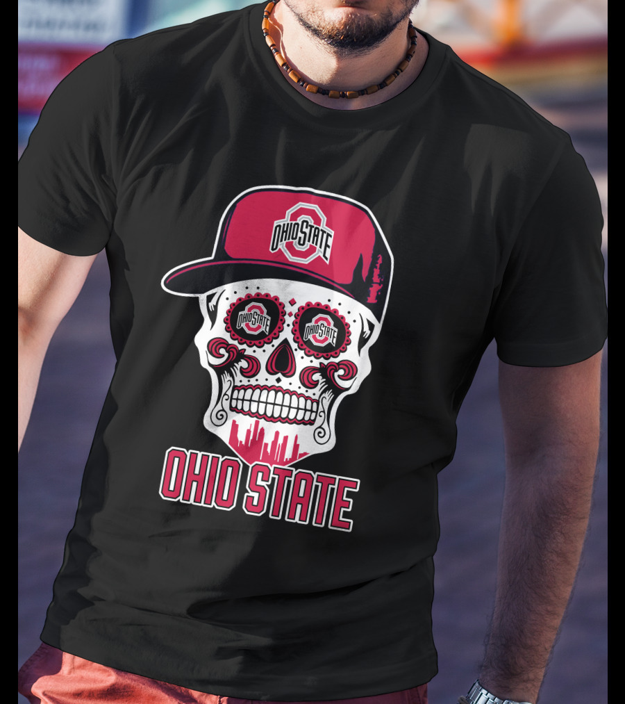 Ohio State Buckeyes Skull With Baseball Cap And Cityscape Elements T-Shirt