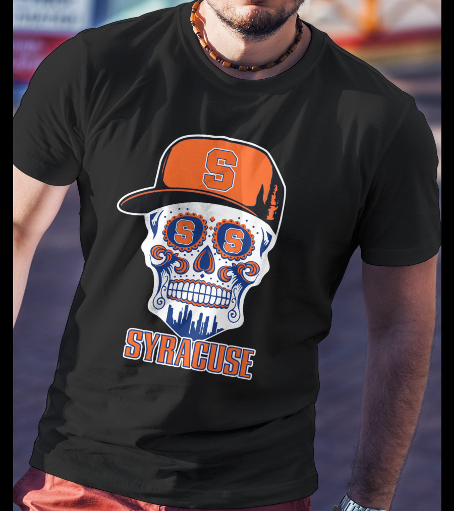 Syracuse Orange Skull With Baseball Cap And Cityscape Elements T-Shirt