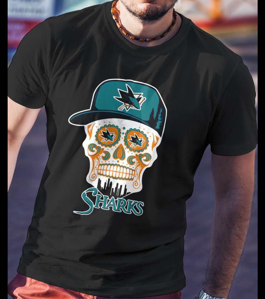 San Jose Sharks Skull With Logo And Cityscape Elements T-Shirt