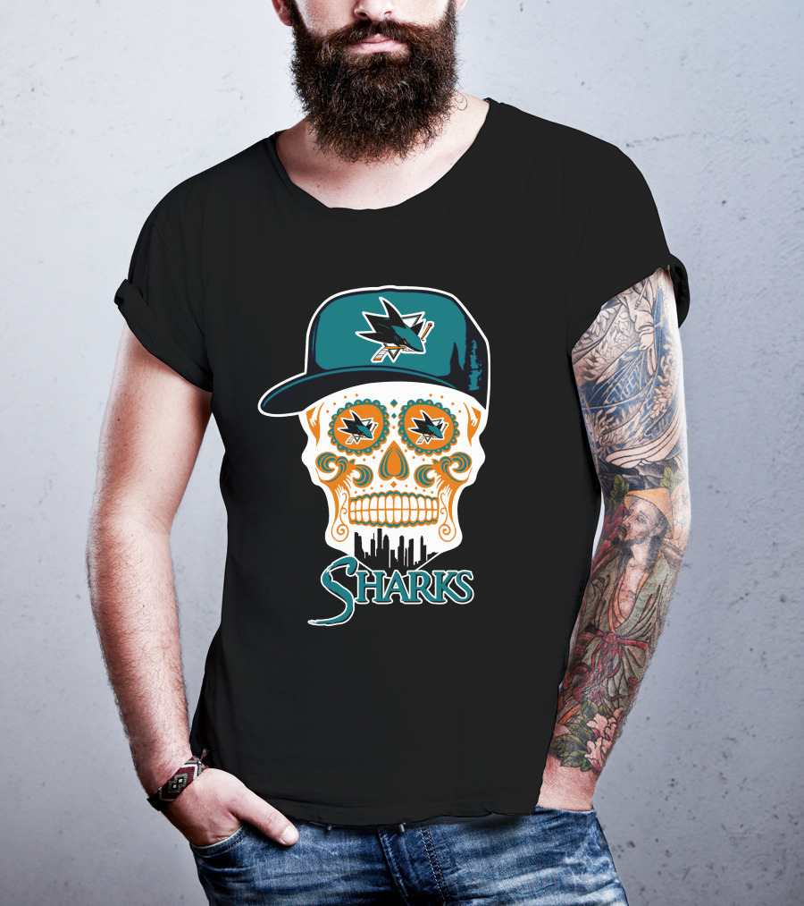 San Jose Sharks Skull With Logo And Cityscape Elements T-Shirt