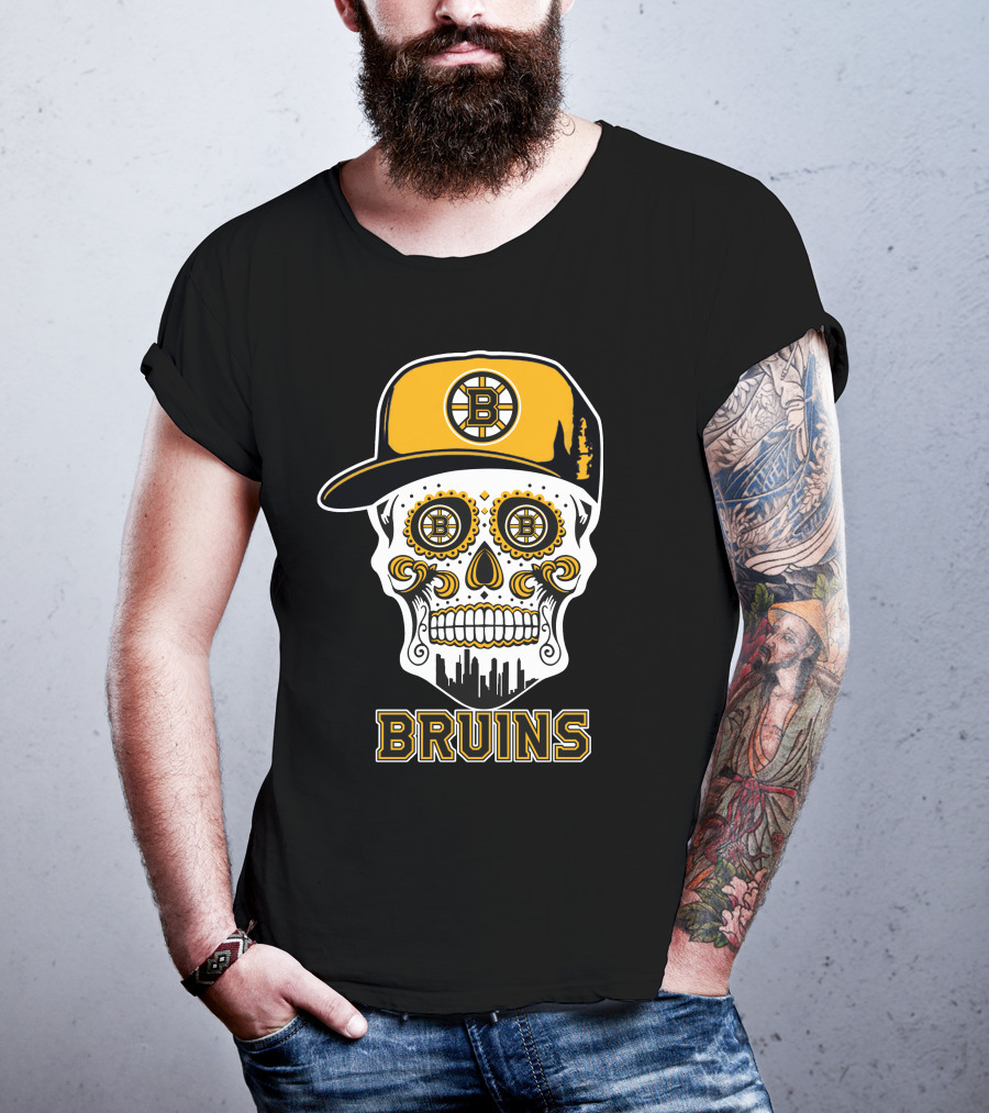 Boston Bruins Skull With Cap And City Silhouette T-Shirt