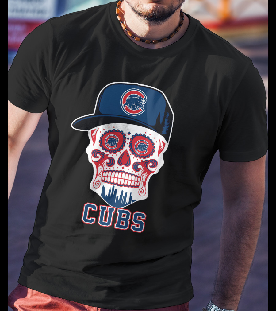 Chicago Cubs Skull Hat Red Blue Skyline T-Shirt