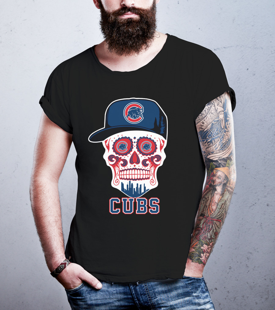 Chicago Cubs Skull Hat Red Blue Skyline T-Shirt