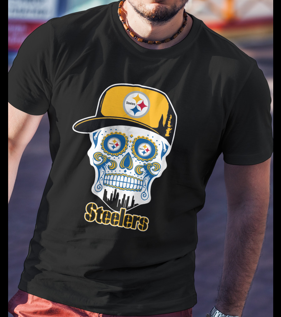 Steelers Skull With Yellow Cap And City Silhouette T-Shirt