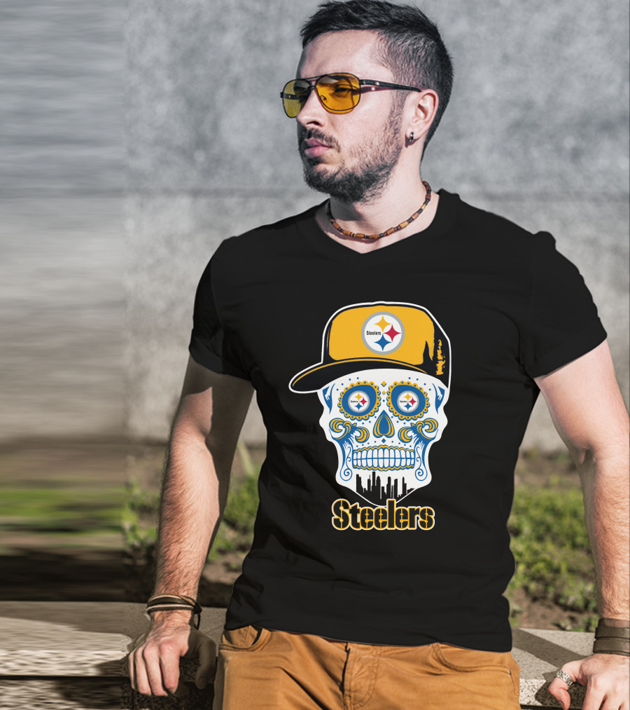 Steelers Skull With Yellow Cap And City Silhouette T-Shirt