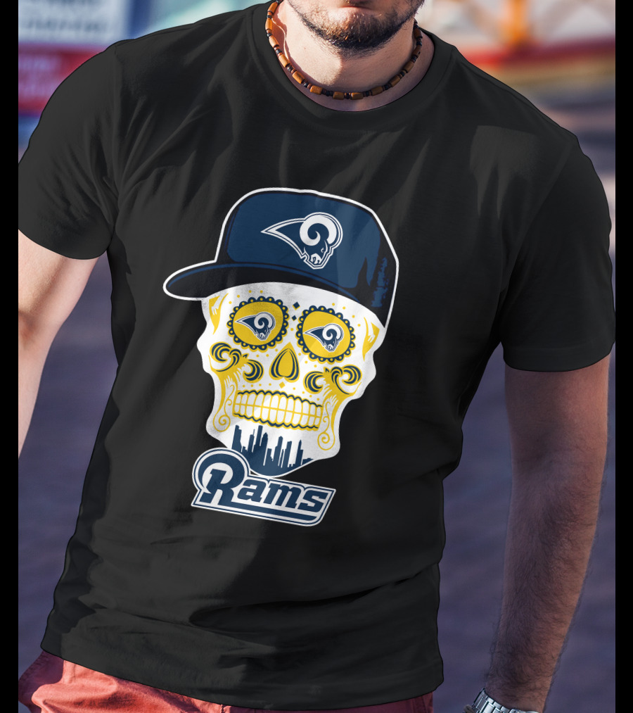 Los Angeles Rams Skull Rams Cap City Skyline T-Shirt