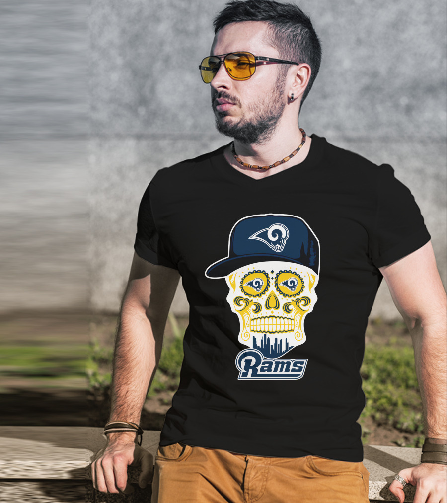 Los Angeles Rams Skull Rams Cap City Skyline T-Shirt