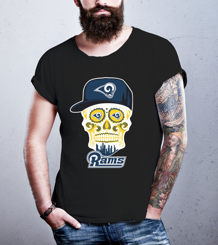 Los Angeles Rams Skull Rams Cap City Skyline T-Shirt