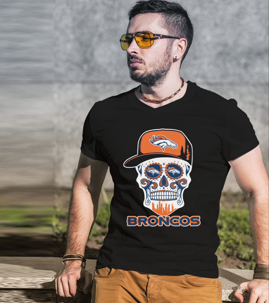 Denver Broncos Skull With Cap And Logos T-Shirt