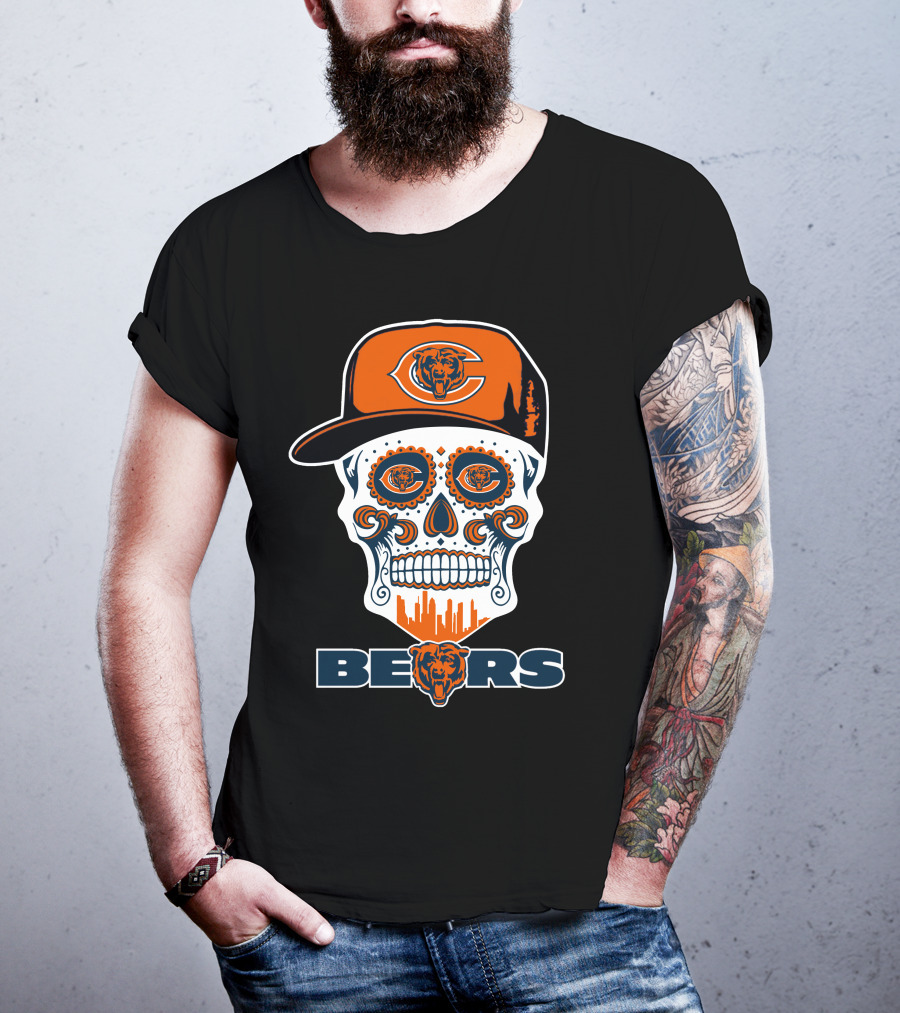 Chicago Bears Skull Hat Urban Skyline T-Shirt