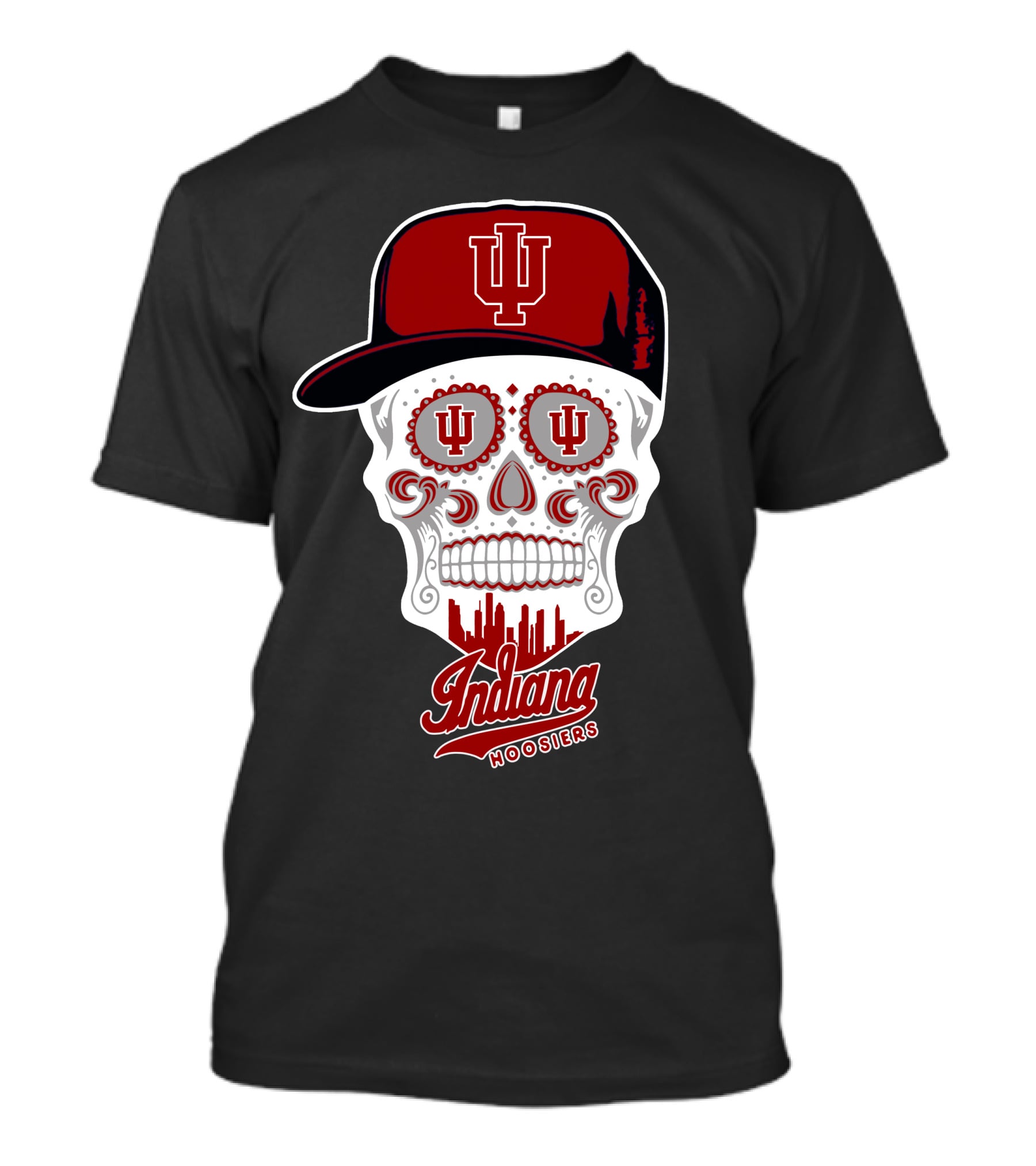Indiana Hoosiers Skull With Hat And Skyline T-Shirt