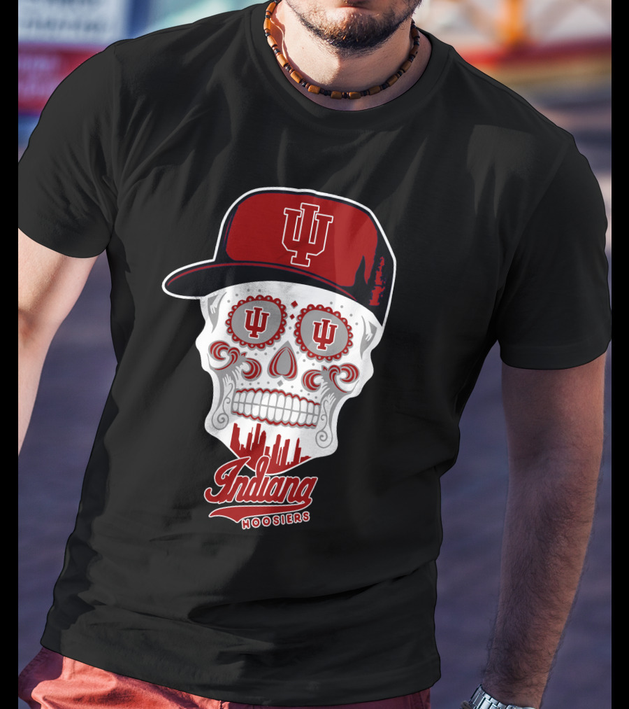 Indiana Hoosiers Skull With Hat And Skyline T-Shirt