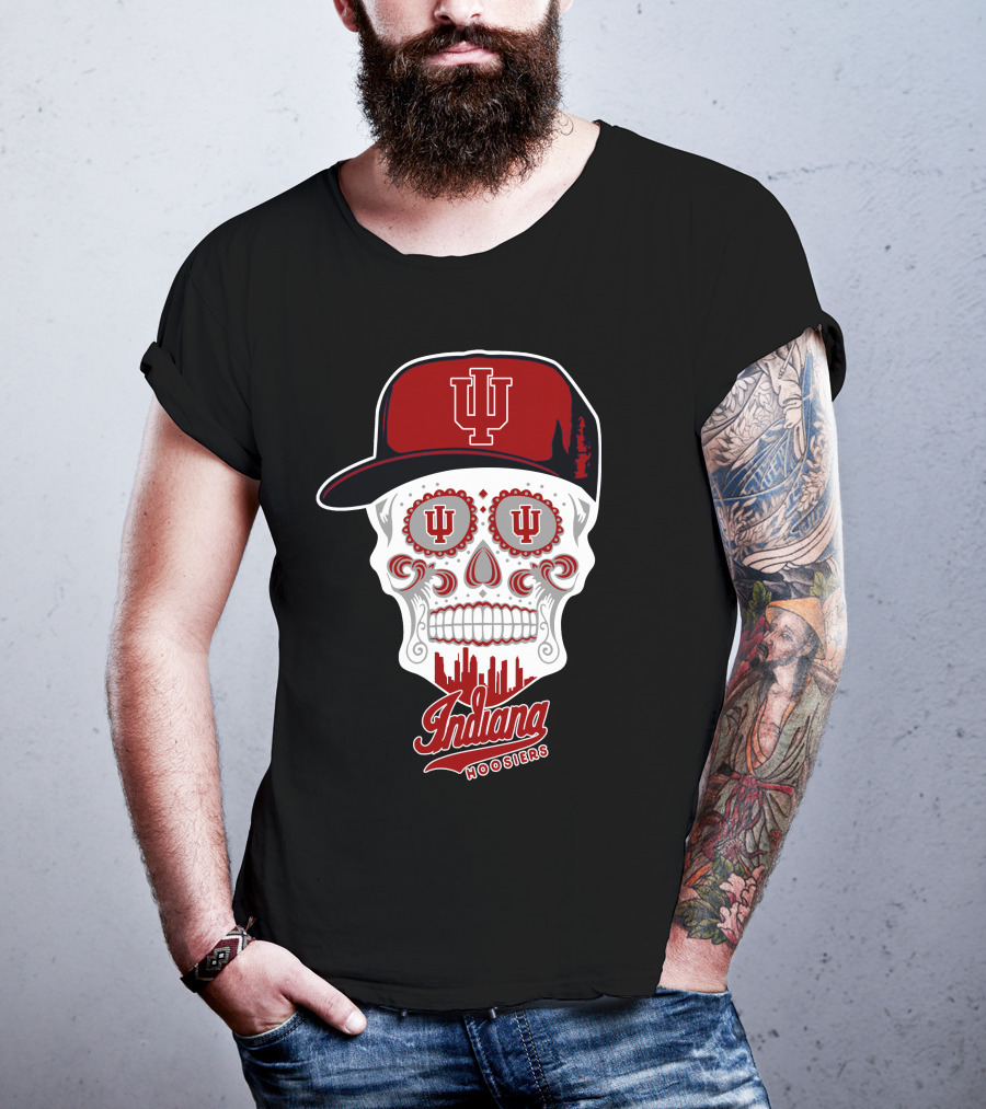 Indiana Hoosiers Skull With Hat And Skyline T-Shirt