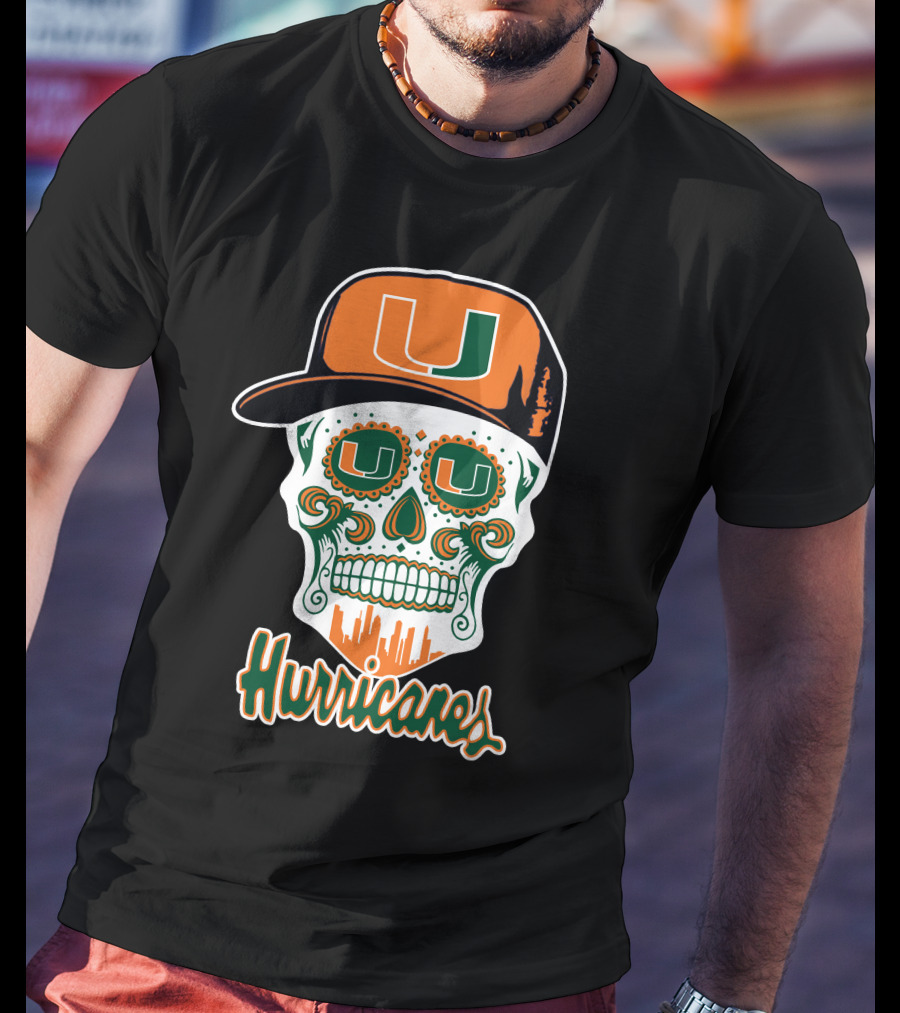 Miami Hurricanes Skull Orange And Green U Cap T-Shirt
