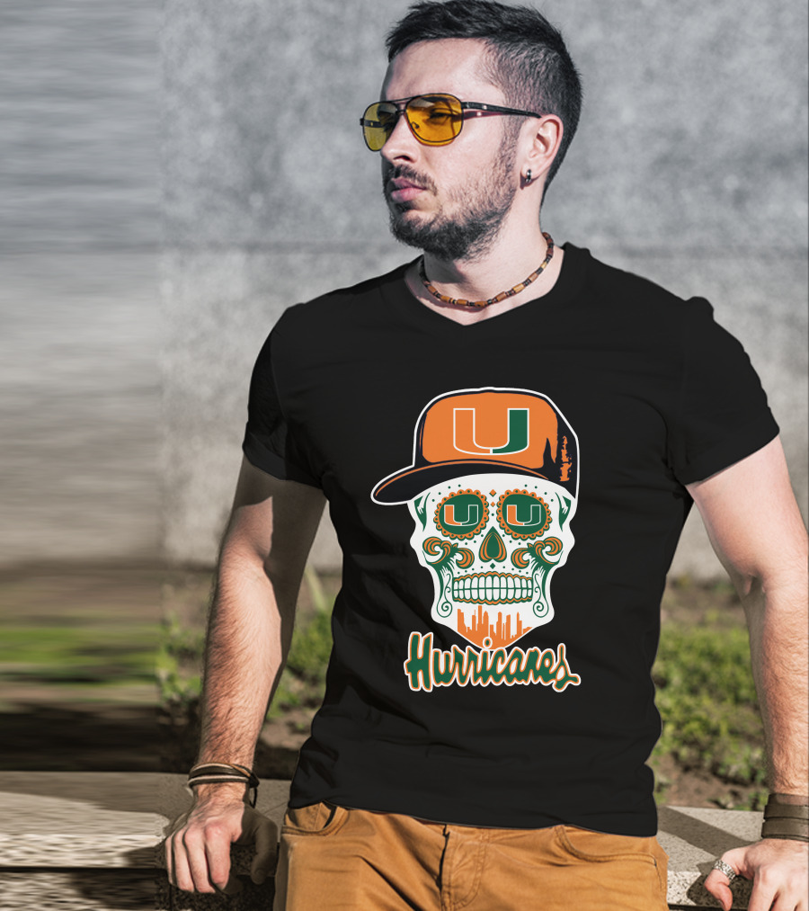 Miami Hurricanes Skull Orange And Green U Cap T-Shirt