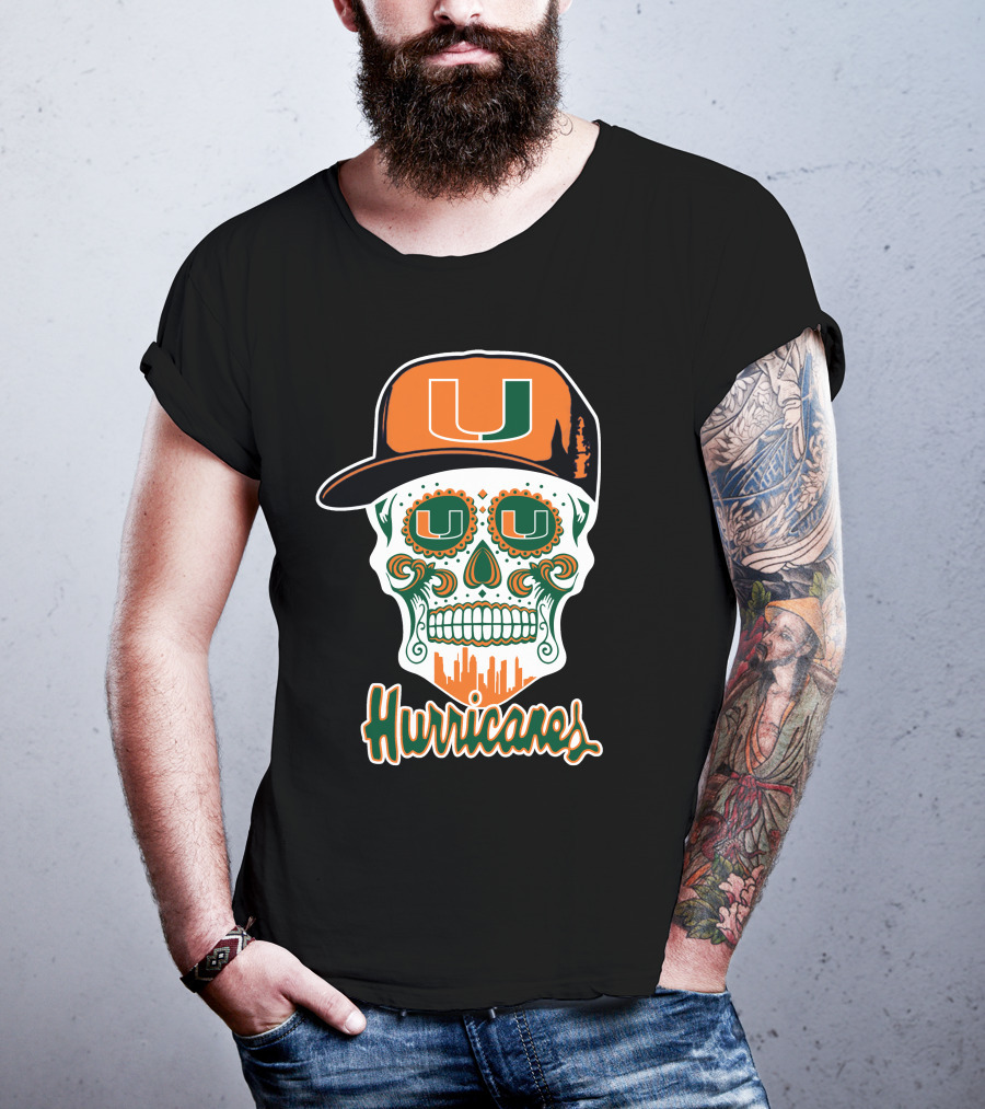 Miami Hurricanes Skull Orange And Green U Cap T-Shirt