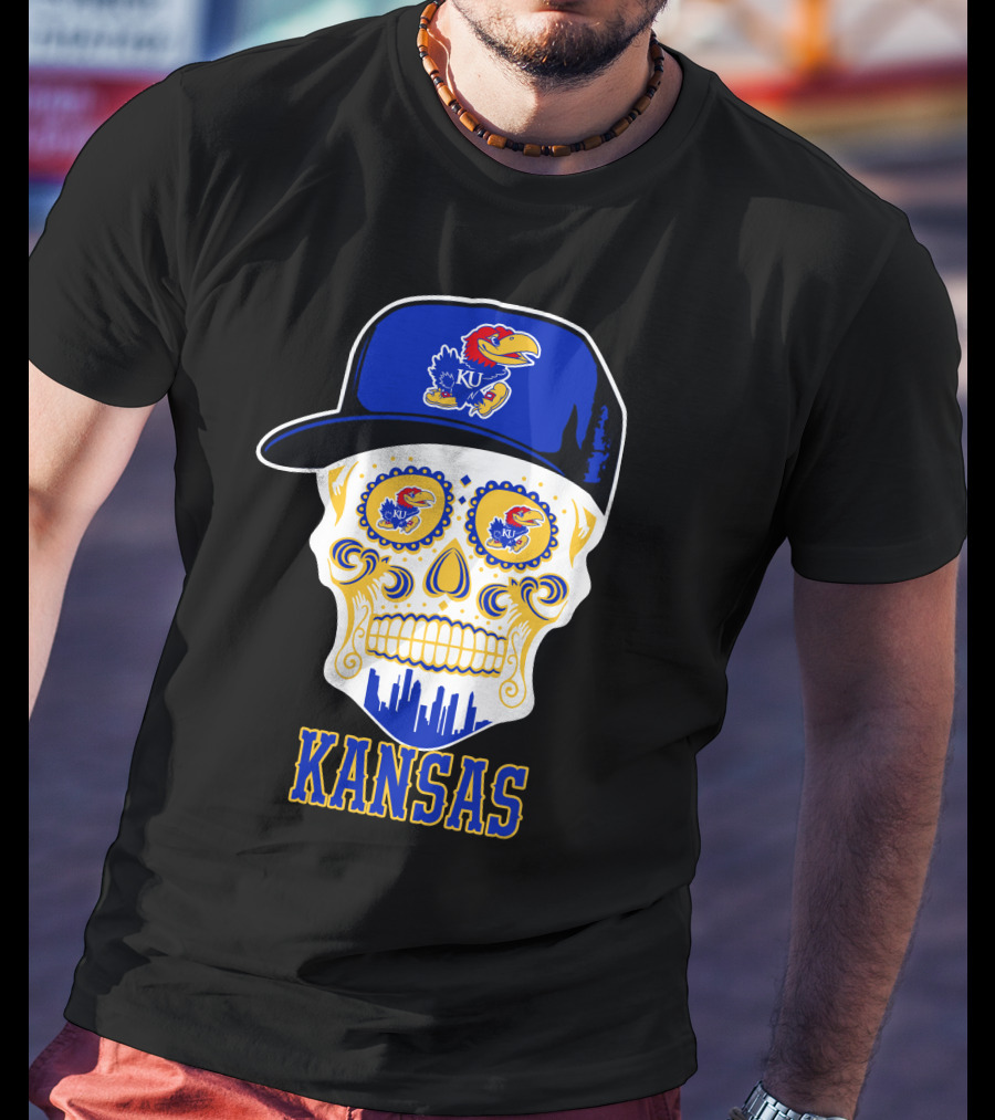 Kansas Jayhawks Skull Hat Ku T-Shirt